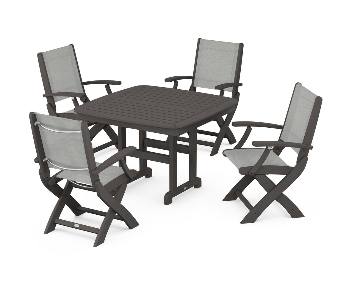 POLYWOOD Coastal Folding Chair 5-Piece Dining Set with Nautical 44" Dining Table in Vintage Coffee / Metallic
