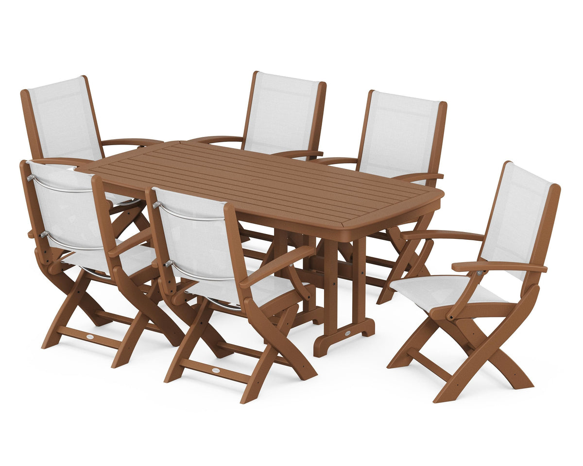 POLYWOOD Coastal Folding Arm Chair 7-Piece Dining Set in Teak / White