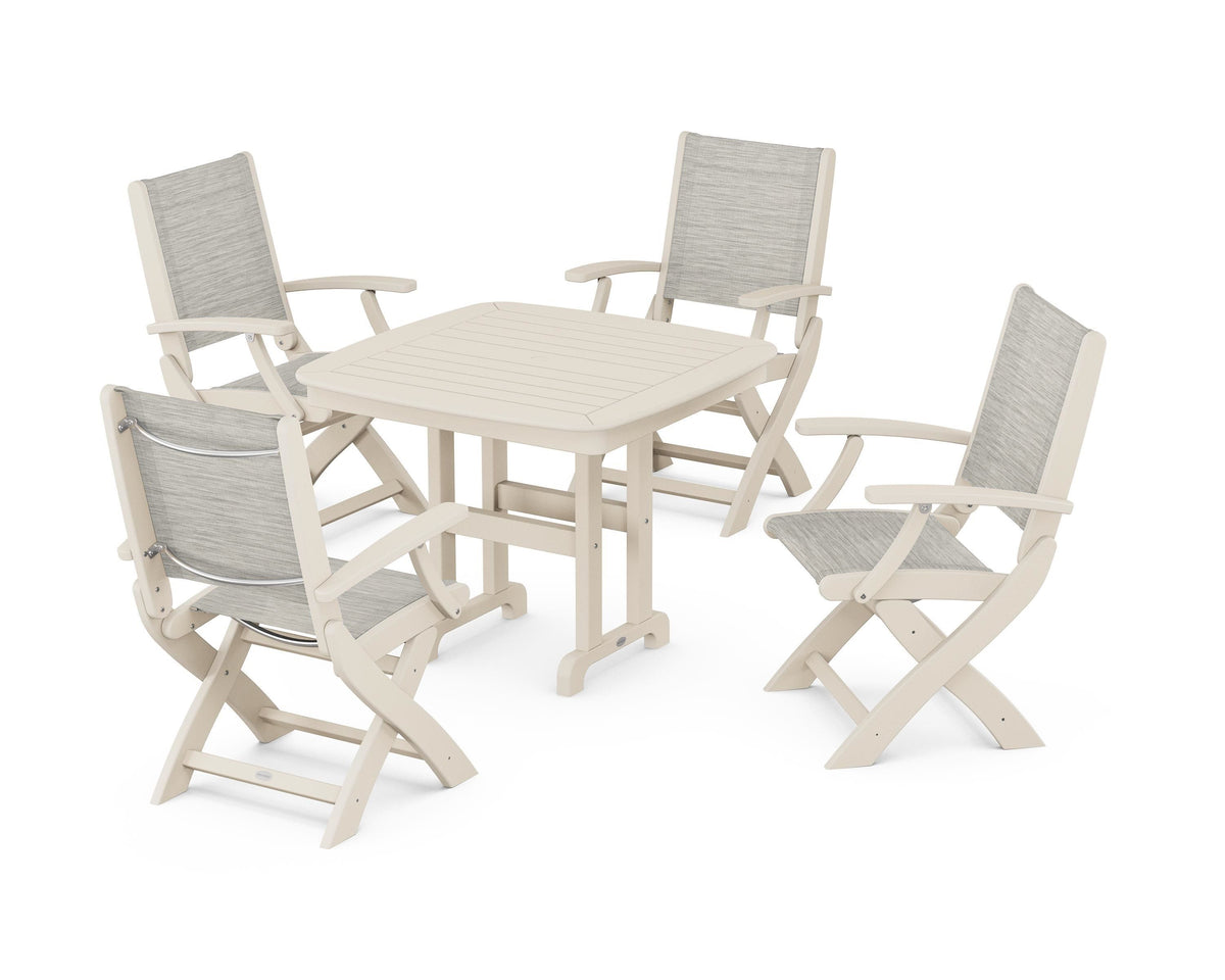 POLYWOOD Coastal Folding Chair 5-Piece Dining Set with Nautical 37" Dining Table in Sand / Birch