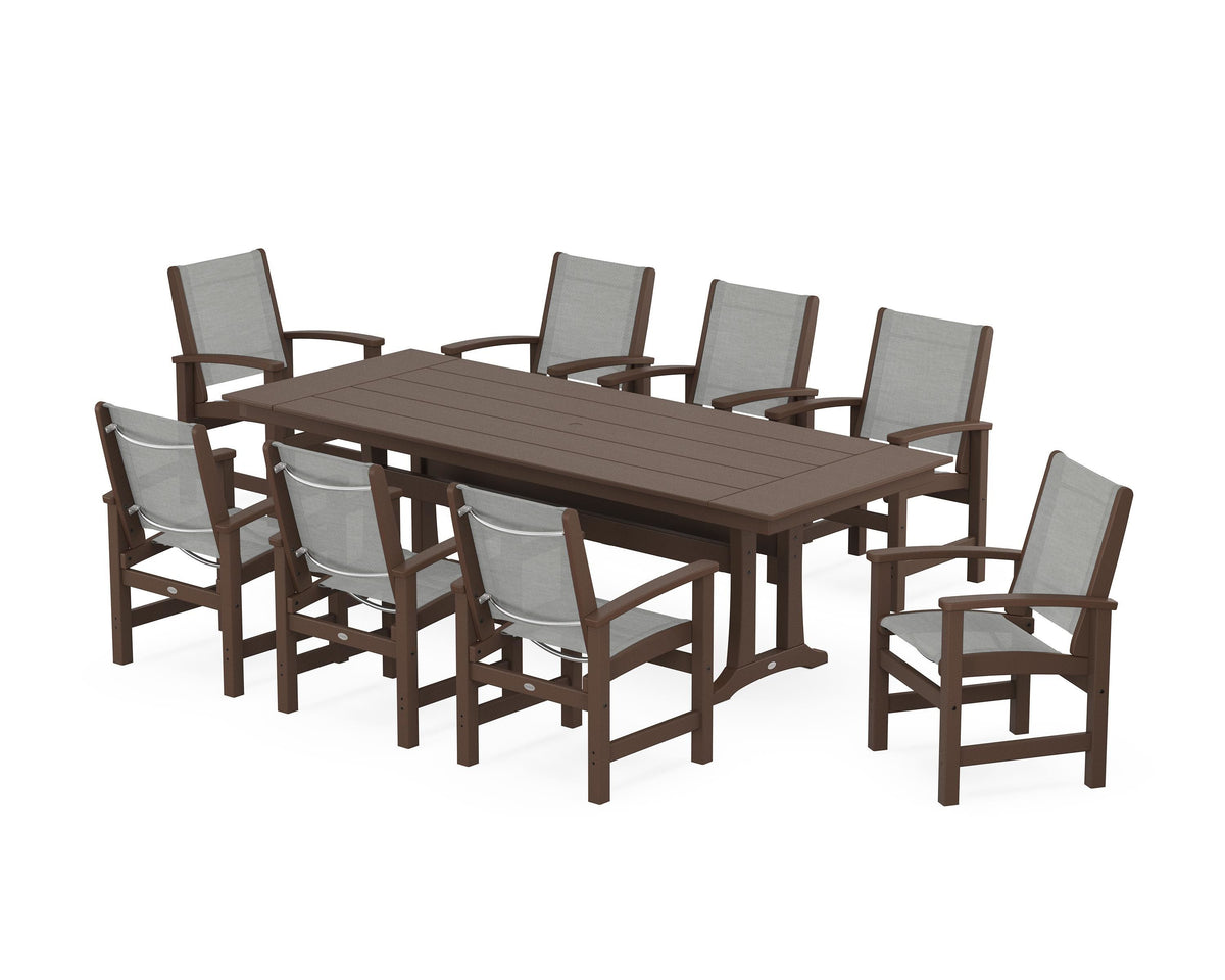 POLYWOOD Coastal 9-Piece Farmhouse Dining Set with Trestle Legs in Mahogany / Metallic