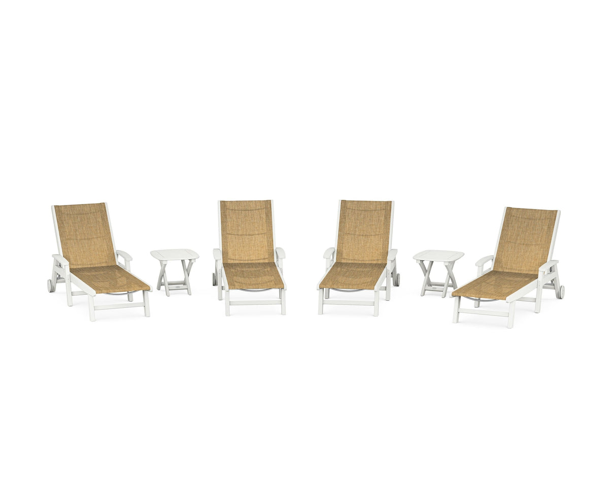 POLYWOOD Coastal Chaise 6-Piece Set with Wheels in Vintage White / Burlap