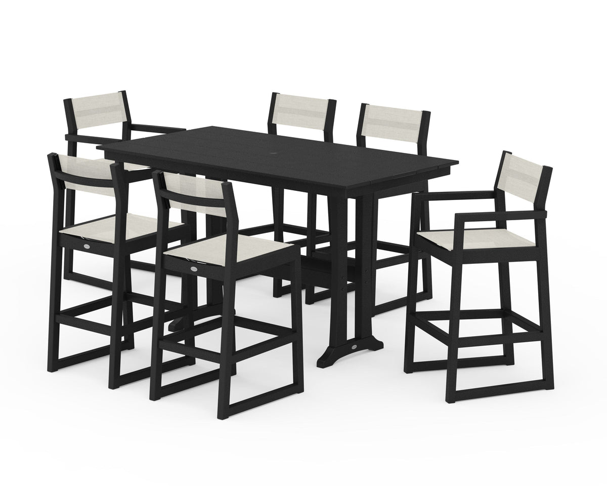 POLYWOOD EDGE Sling 7-Piece Farmhouse Bar Set with Trestle Legs in Black / Parchment
