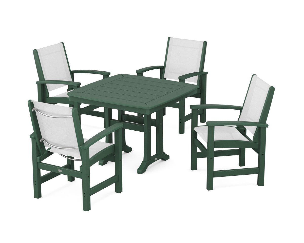 POLYWOOD Coastal 5-Piece Dining Set with Trestle Legs with Nautical Trestle 37" Dining Table in Green / White