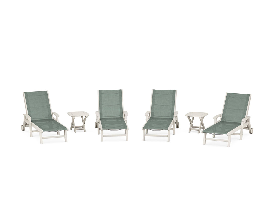 POLYWOOD Coastal Chaise 6-Piece Set with Wheels in Sand / Dupioni Sea Mist