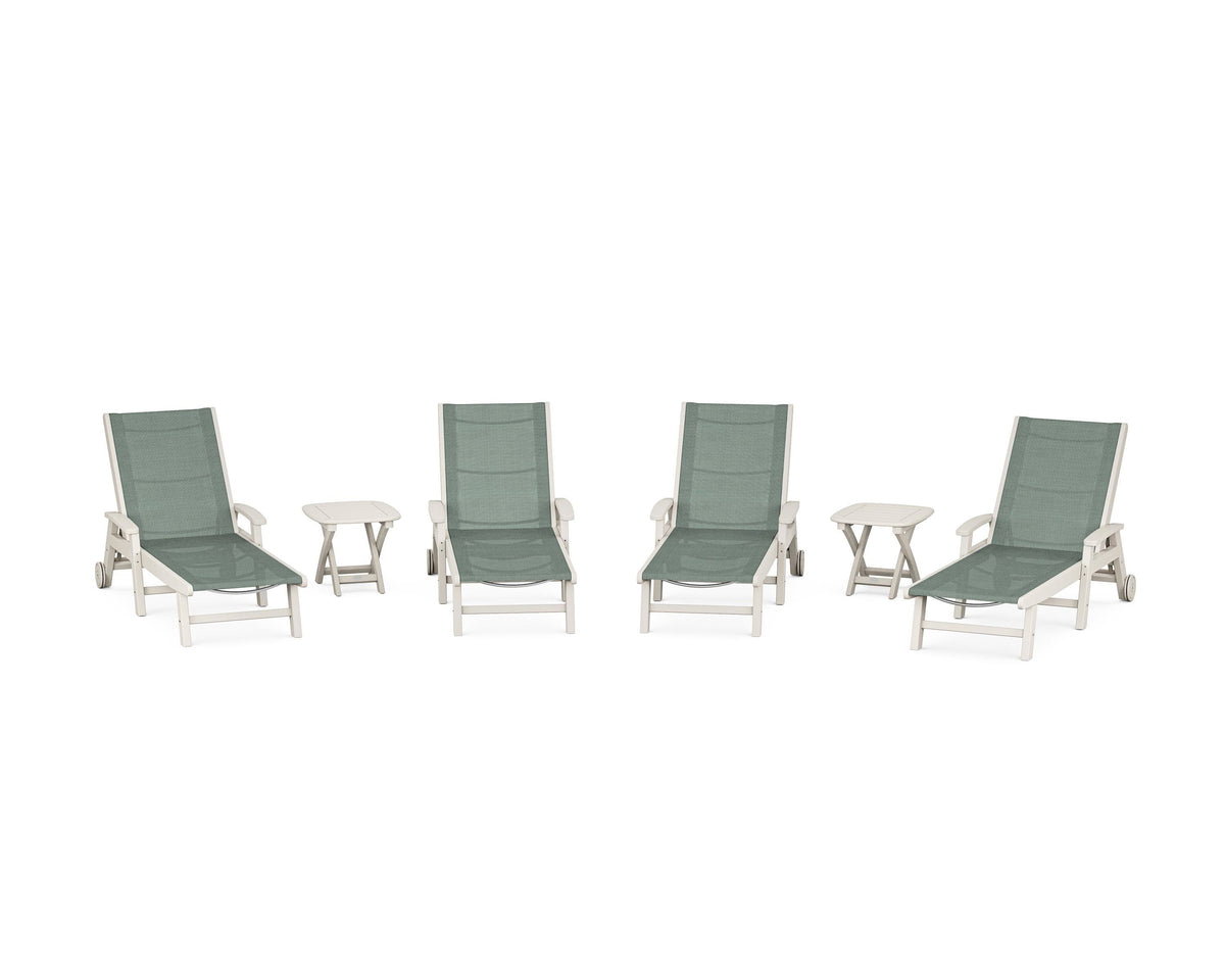 POLYWOOD Coastal Chaise 6-Piece Set with Wheels in Sand / Dupioni Sea Mist