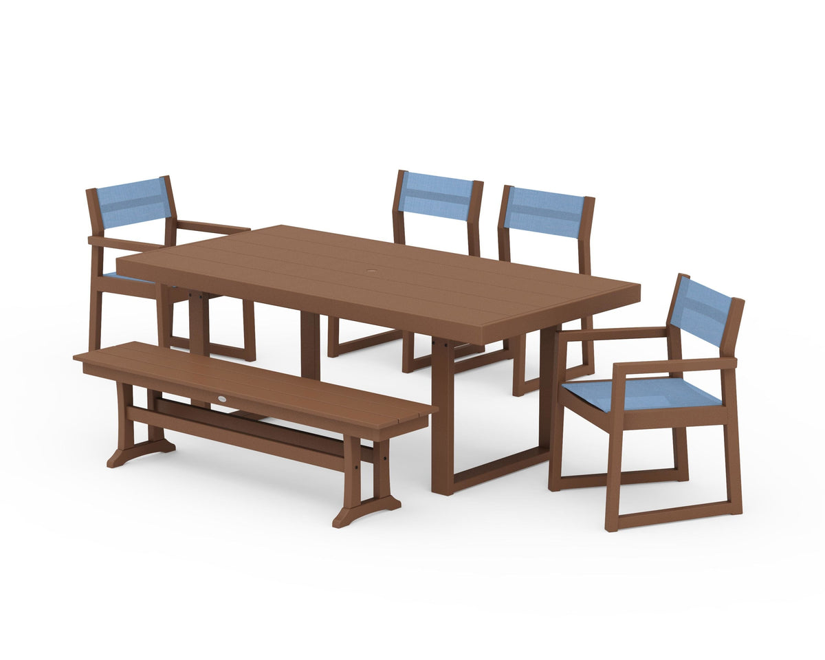 POLYWOOD EDGE Sling 6-Piece Dining Set with Bench in Teak / Poolside