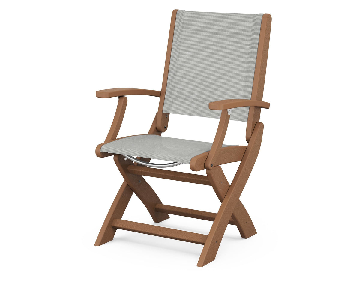 POLYWOOD Coastal Folding Chair in Teak with Teak arms and Metallic sling