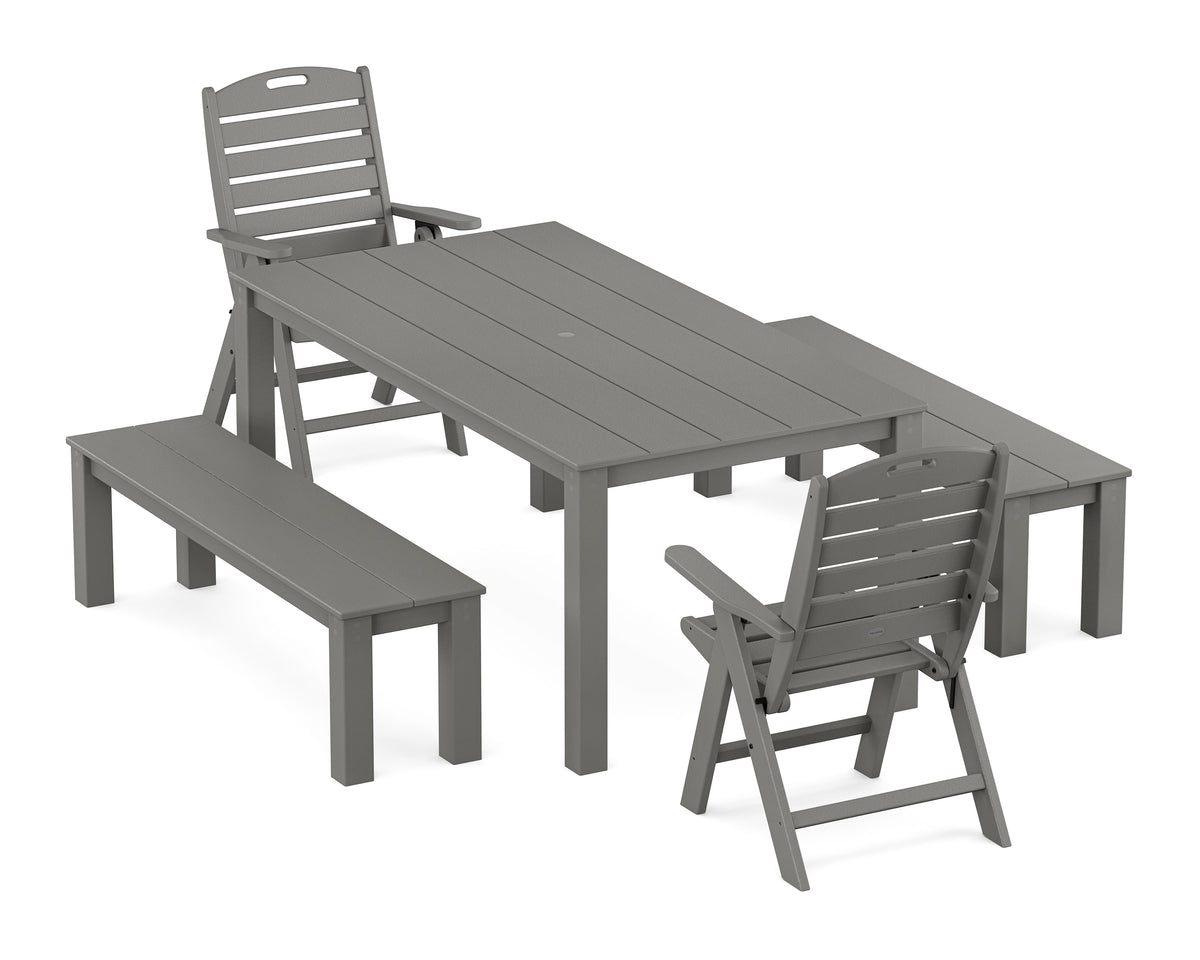 POLYWOOD Nautical Folding Highback Chair 5-Piece Parsons Dining Set with Benches in Slate Grey