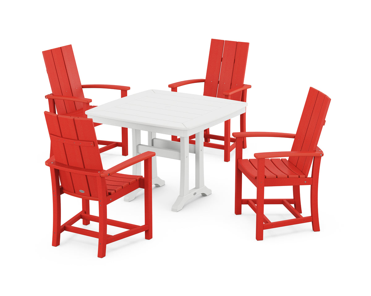 POLYWOOD Modern Adirondack 5-Piece Dining Set with Trestle Legs with Modern Adirondack Dining Chair in Sunset Red / White