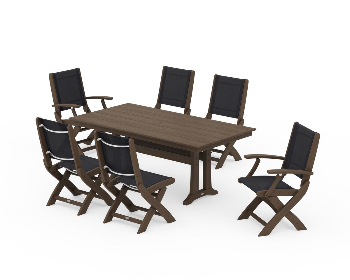 POLYWOOD Coastal Folding Chair 7-Piece Farmhouse Dining Set with Trestle Legs in Kona / Black