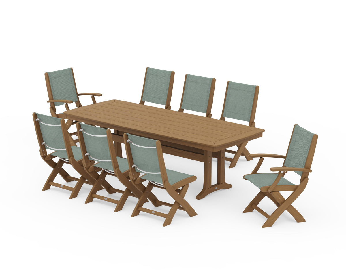 POLYWOOD Coastal Folding 9-Piece Dining Set with Trestle Legs in Natural / Dupioni Sea Mist