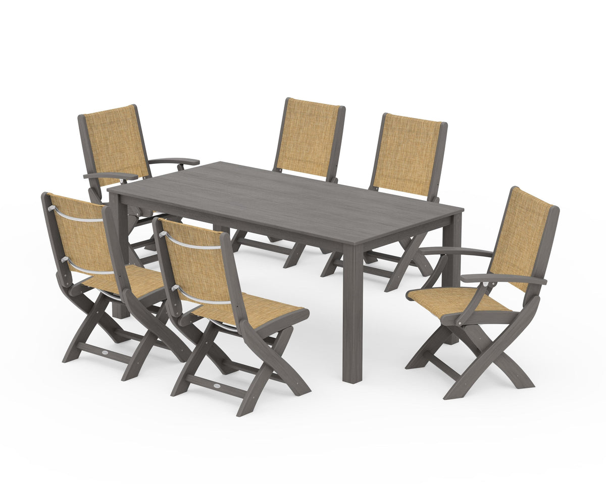 POLYWOOD Coastal Folding Chair 7-Piece Parsons Dining Set with Coastal Folding Side Chair in Driftwood / Burlap