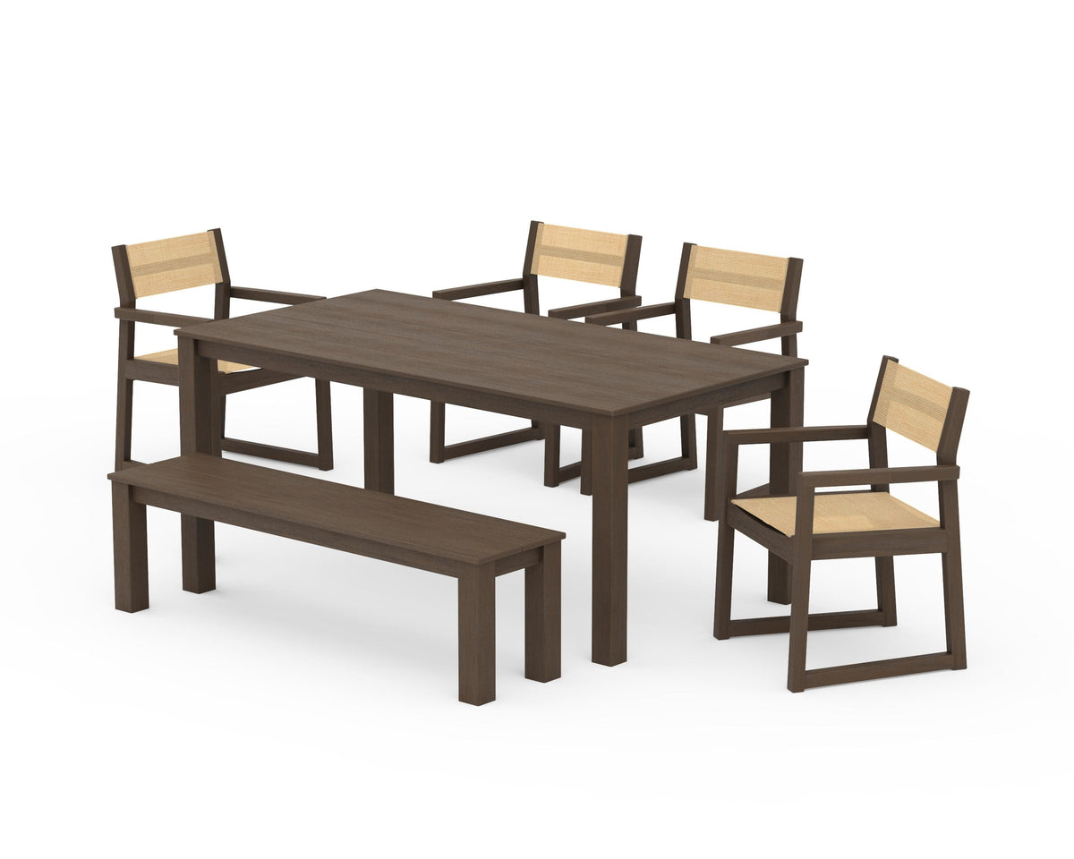 POLYWOOD EDGE Sling Arm Chair 6-Piece Parsons Dining Set with Bench in Kona / Dupioni Apricot