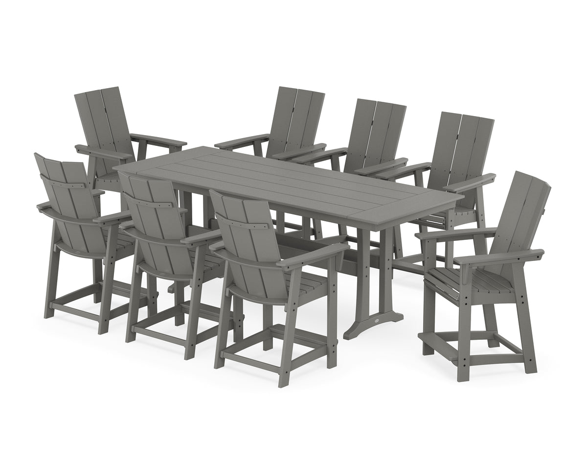 POLYWOOD Modern Curveback Adirondack 9-Piece Farmhouse Counter Set with Trestle Legs in Slate Grey