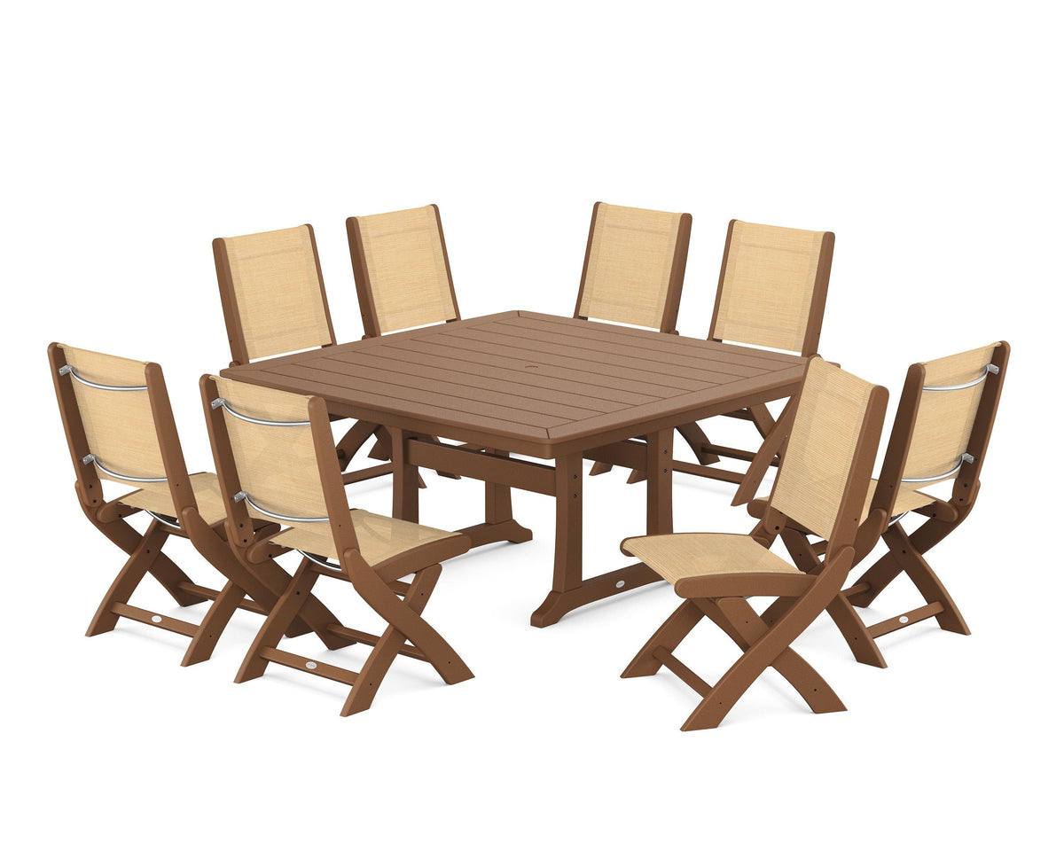 POLYWOOD Coastal Folding Side Chair 9-Piece Dining Set with Trestle Legs in Teak / Dupioni Apricot