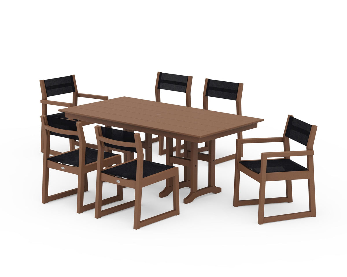 POLYWOOD EDGE Sling 7-Piece Farmhouse Dining Set in Teak / Black