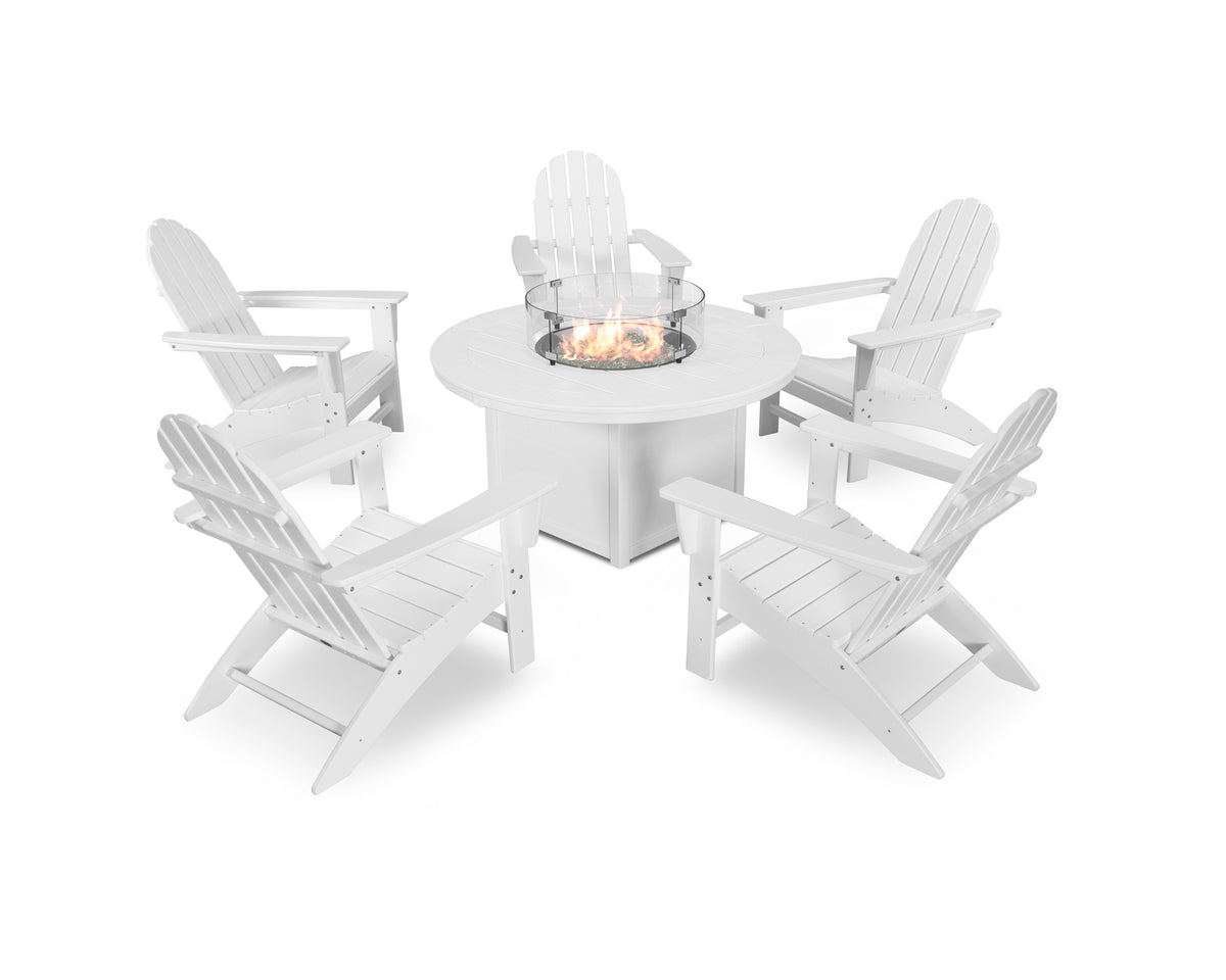 POLYWOOD Vineyard Adirondack 6-Piece Chat Set with Fire Pit Table in White