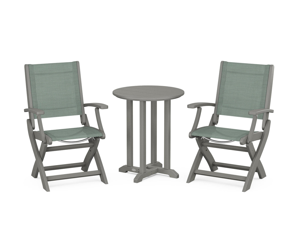 POLYWOOD Coastal Folding 3-Piece Round Bistro Dining Set in Slate Grey / Dupioni Sea Mist