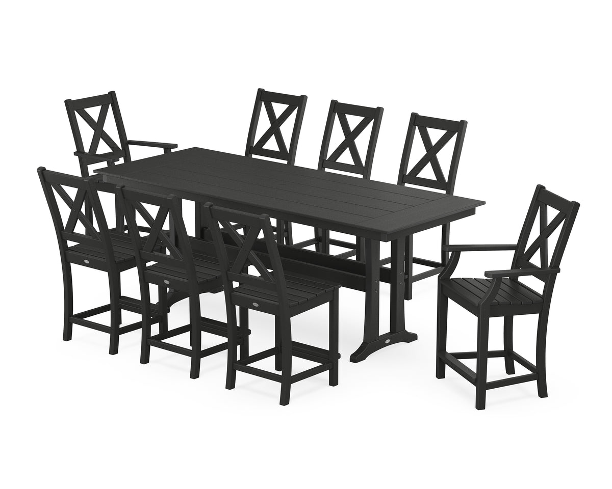 POLYWOOD Braxton 9-Piece Farmhouse Counter Set with Trestle Legs in Black