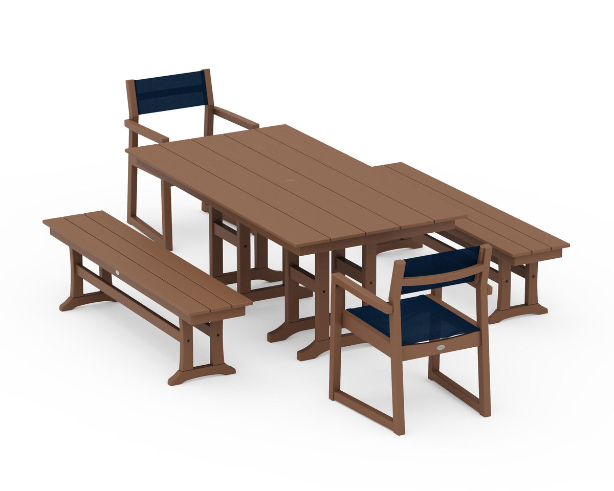 POLYWOOD EDGE Sling Arm Chair 5-Piece Farmhouse Dining Set with Benches in Teak / Navy Blue