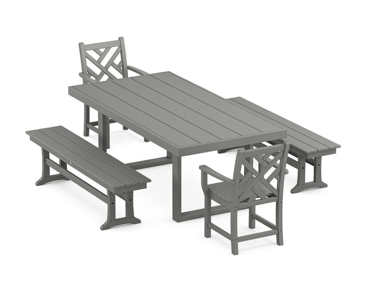 POLYWOOD Chippendale 5-Piece Dining Set with Benches - 39" x 78" Table in Slate Grey