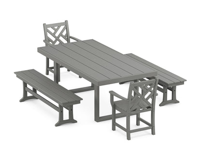 POLYWOOD Chippendale 5-Piece Dining Set with Benches - 39" x 78" Table in Slate Grey