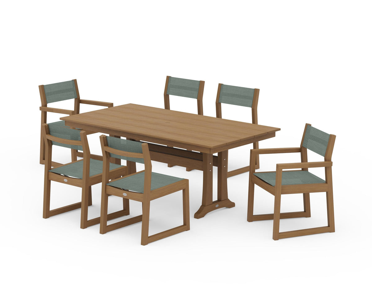 POLYWOOD EDGE Sling 7-Piece Farmhouse Trestle Dining Set in Natural / Dupioni Sea Mist