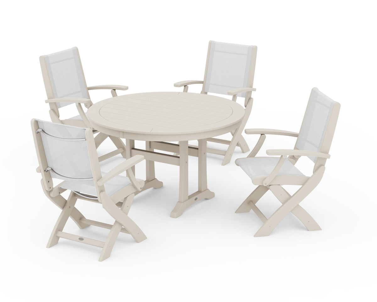POLYWOOD Coastal Folding Chair 5-Piece Round Dining Set with Trestle Legs in Sand / White