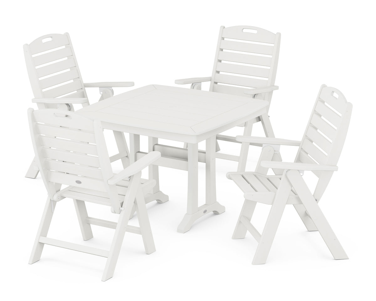 POLYWOOD Nautical Folding Highback Chair 5-Piece Dining Set with Trestle Legs in Vintage White