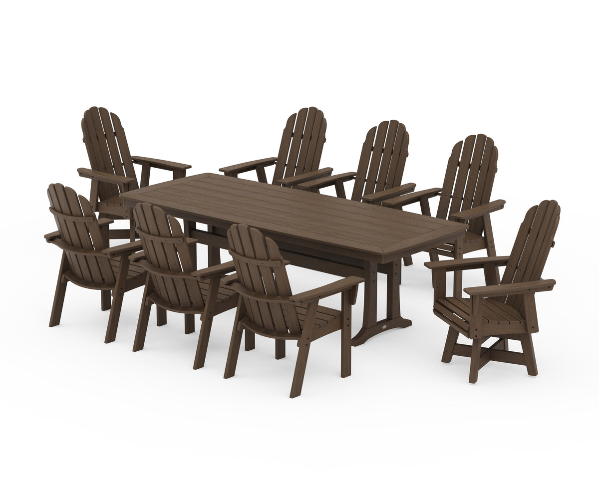 POLYWOOD Vineyard Curveback Adirondack Swivel 9-Piece Dining Set with Trestle Legs in Kona