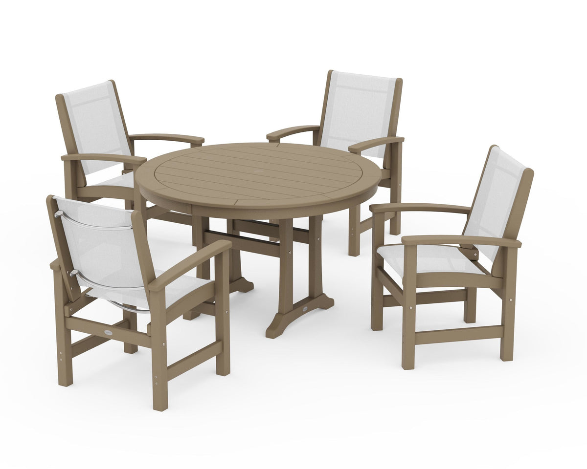 POLYWOOD Coastal 5-Piece Round Dining Set with Trestle Legs in Vintage Sahara / White