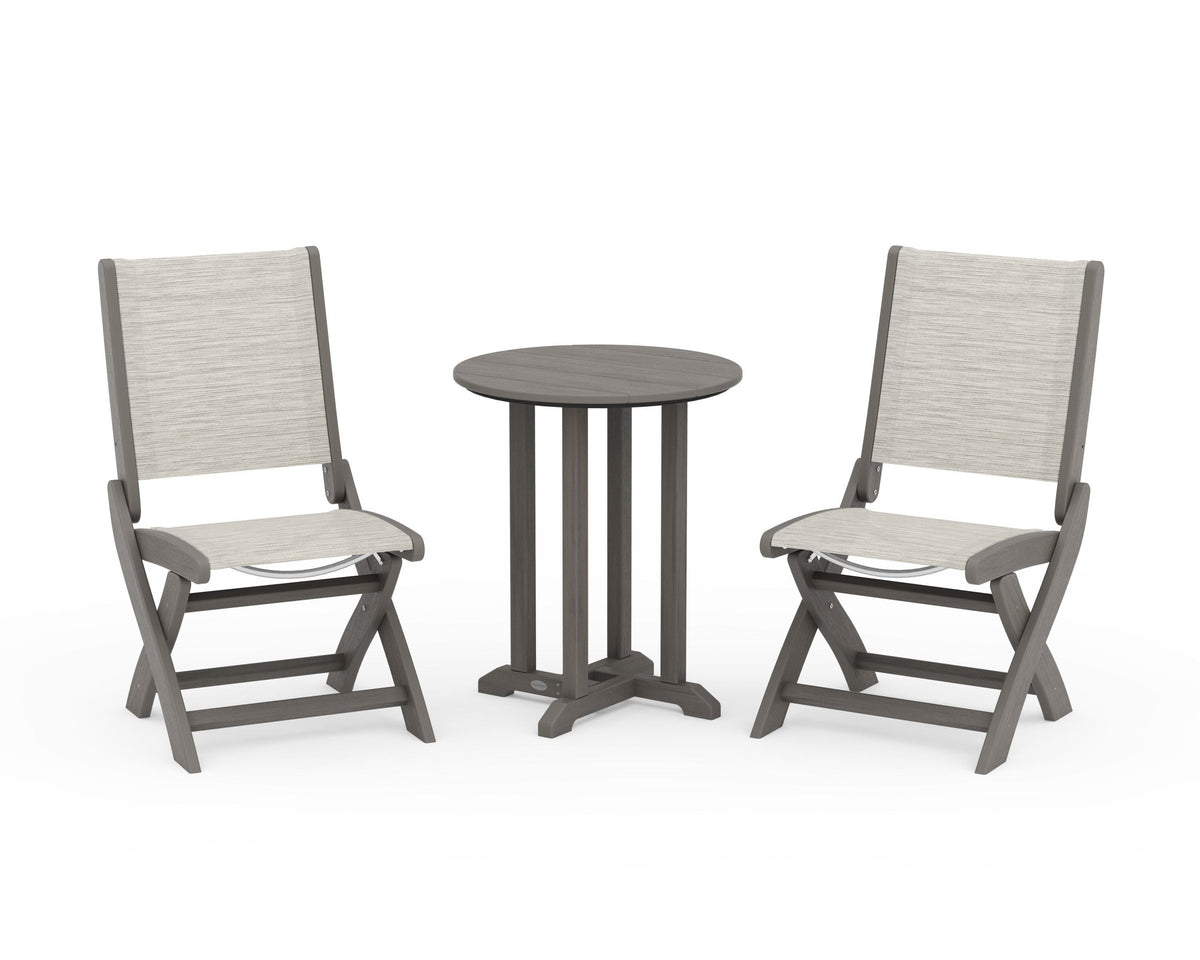 POLYWOOD Coastal Folding Side Chair 3-Piece Round Bistro Dining Set in Driftwood / Birch