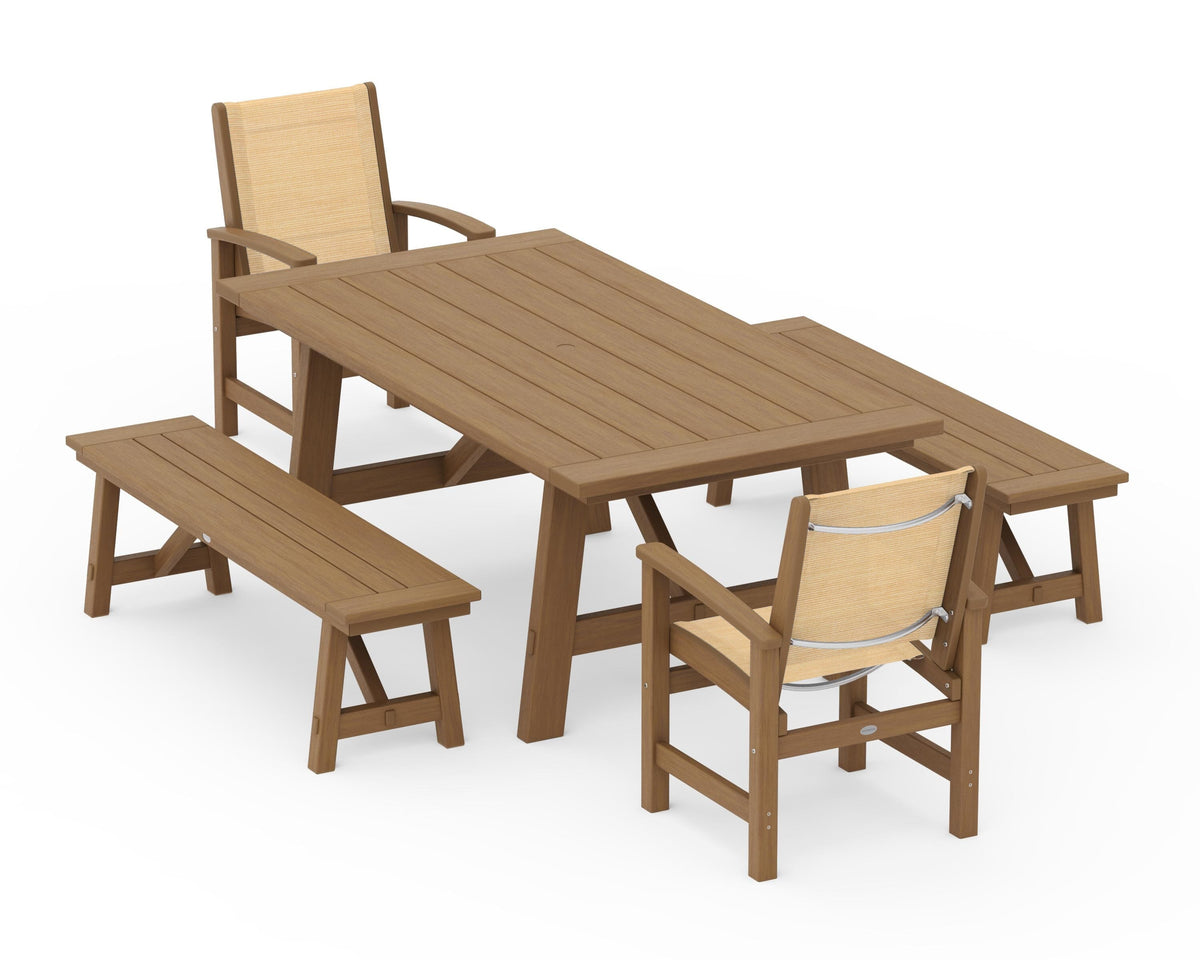POLYWOOD Coastal 5-Piece Rustic Farmhouse Dining Set With Benches in Natural / Dupioni Apricot