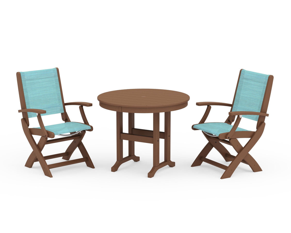 POLYWOOD Coastal Folding Chair 3-Piece Round Dining Set in Teak / Dupioni Aquamarine