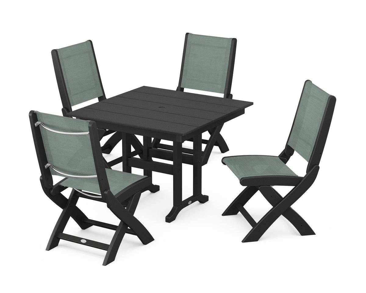 POLYWOOD Coastal Folding Side Chair 5-Piece Farmhouse Dining Set in Black / Dupioni Sea Mist
