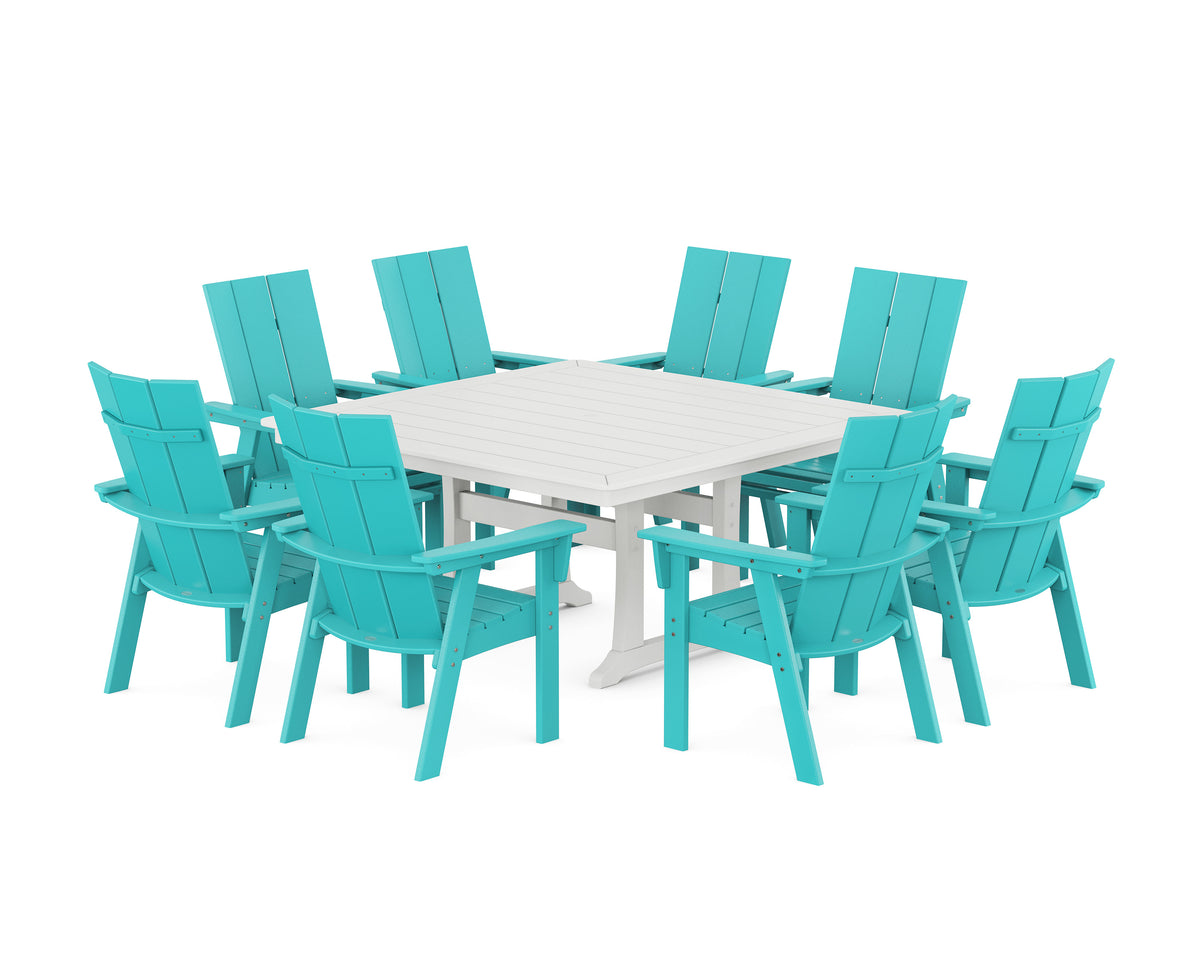 POLYWOOD Modern Curveback Adirondack 9-Piece Square Dining Set with Trestle Legs in Aruba / White