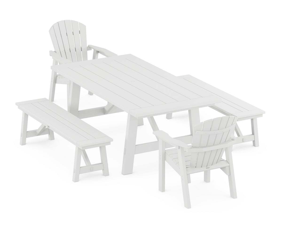 POLYWOOD Seashell 5-Piece Rustic Farmhouse Dining Set with Benches in White