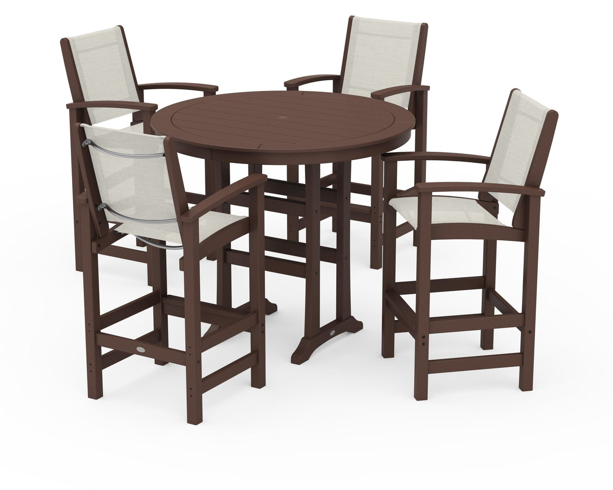 POLYWOOD Coastal 5-Piece Nautical Trestle Bar Set in Mahogany / Parchment