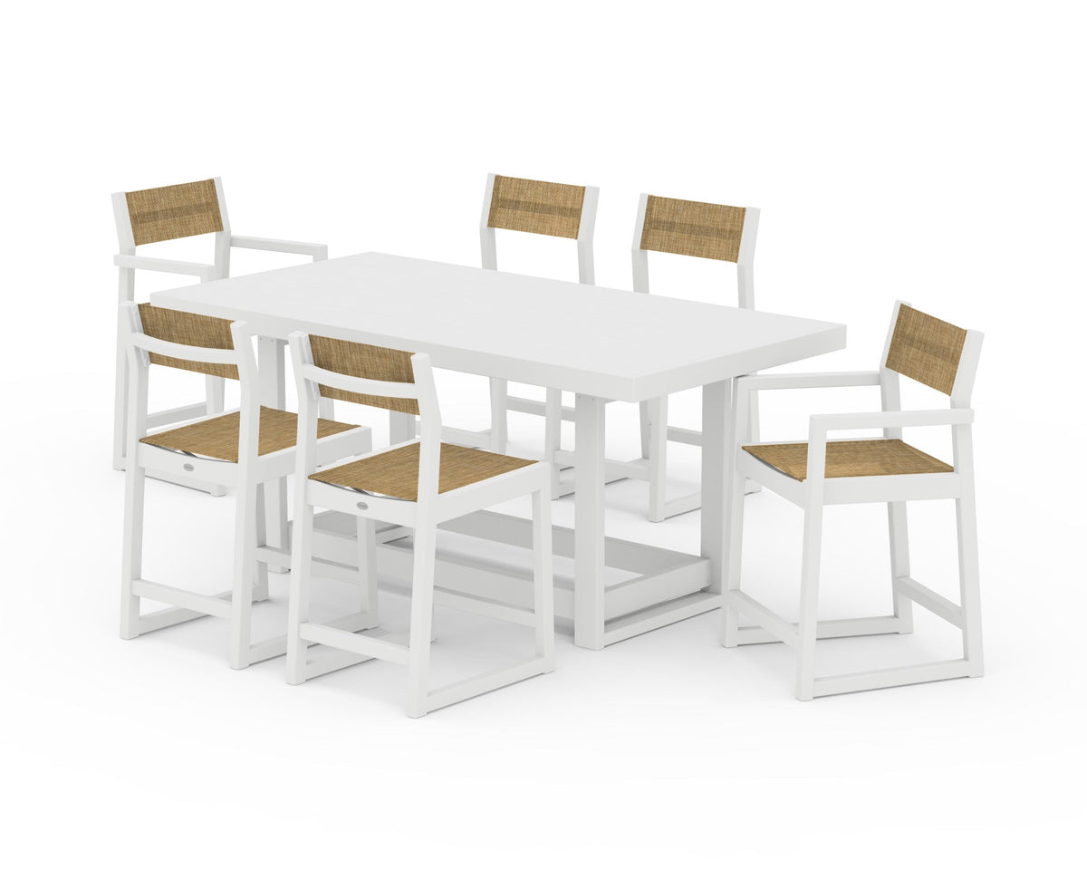 POLYWOOD EDGE Sling 7-Piece Counter Table Set in White / Burlap