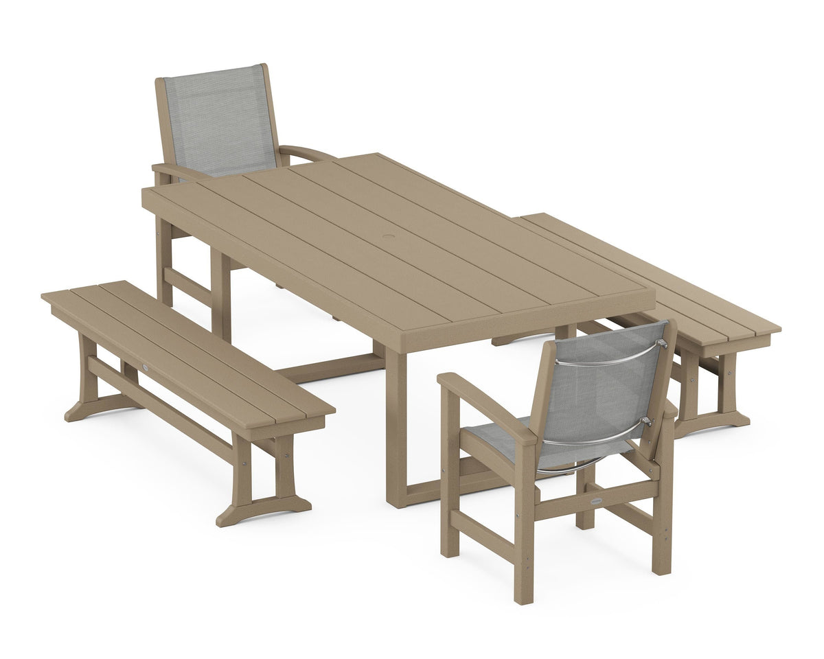 POLYWOOD Coastal 5-Piece Dining Set with Trestle Legs with EDGE 40" x 78" Dining Table in Vintage Sahara / Metallic