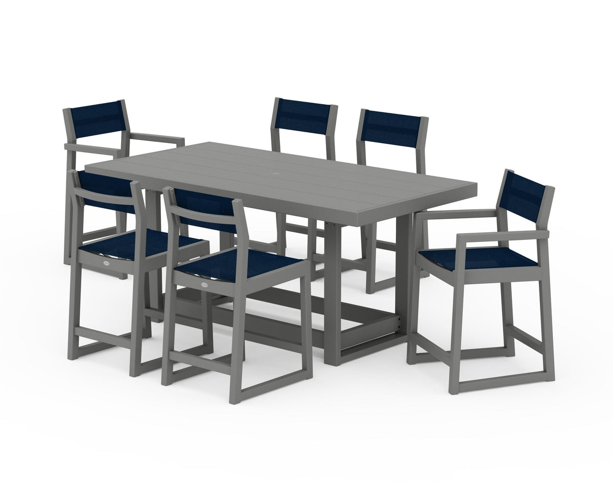 POLYWOOD EDGE Sling 7-Piece Counter Table Set in Slate Grey / Navy Blue