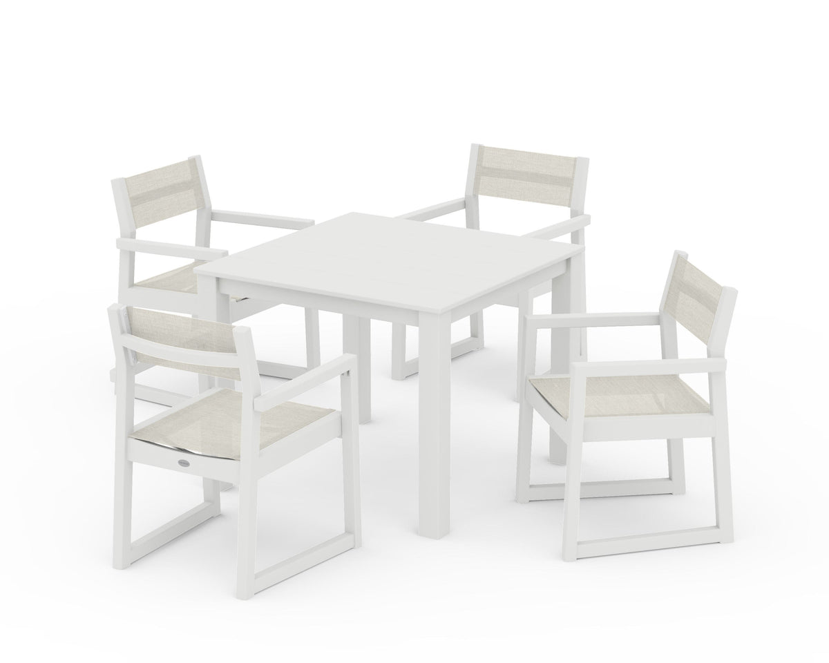 POLYWOOD EDGE Sling Arm Chair 5-Piece Parsons Dining Set in Vintage White / Parchment