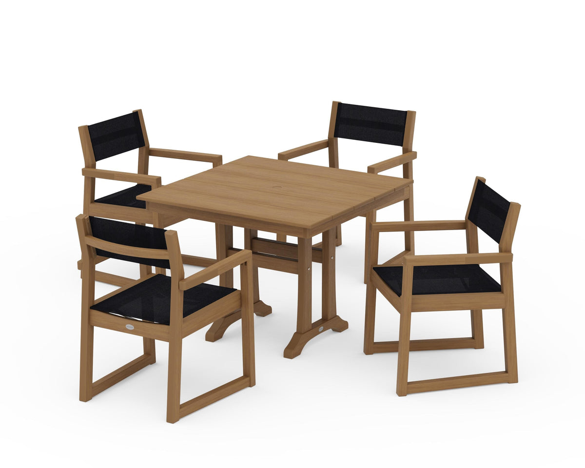 POLYWOOD EDGE Sling 5-Piece Farmhouse Dining Set with Trestle Legs in Natural / Black