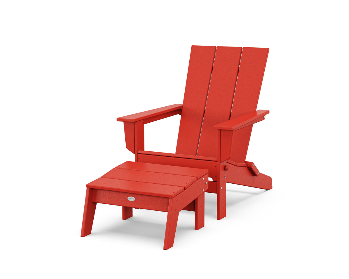 POLYWOOD Modern Studio Folding Adirondack Chair with Ottoman in Sunset Red