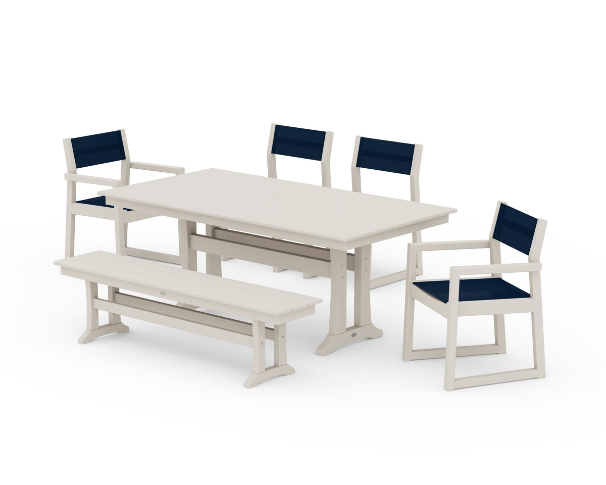 POLYWOOD EDGE Sling 6-Piece Farmhouse Dining Set With Trestle Legs in Sand / Navy Blue