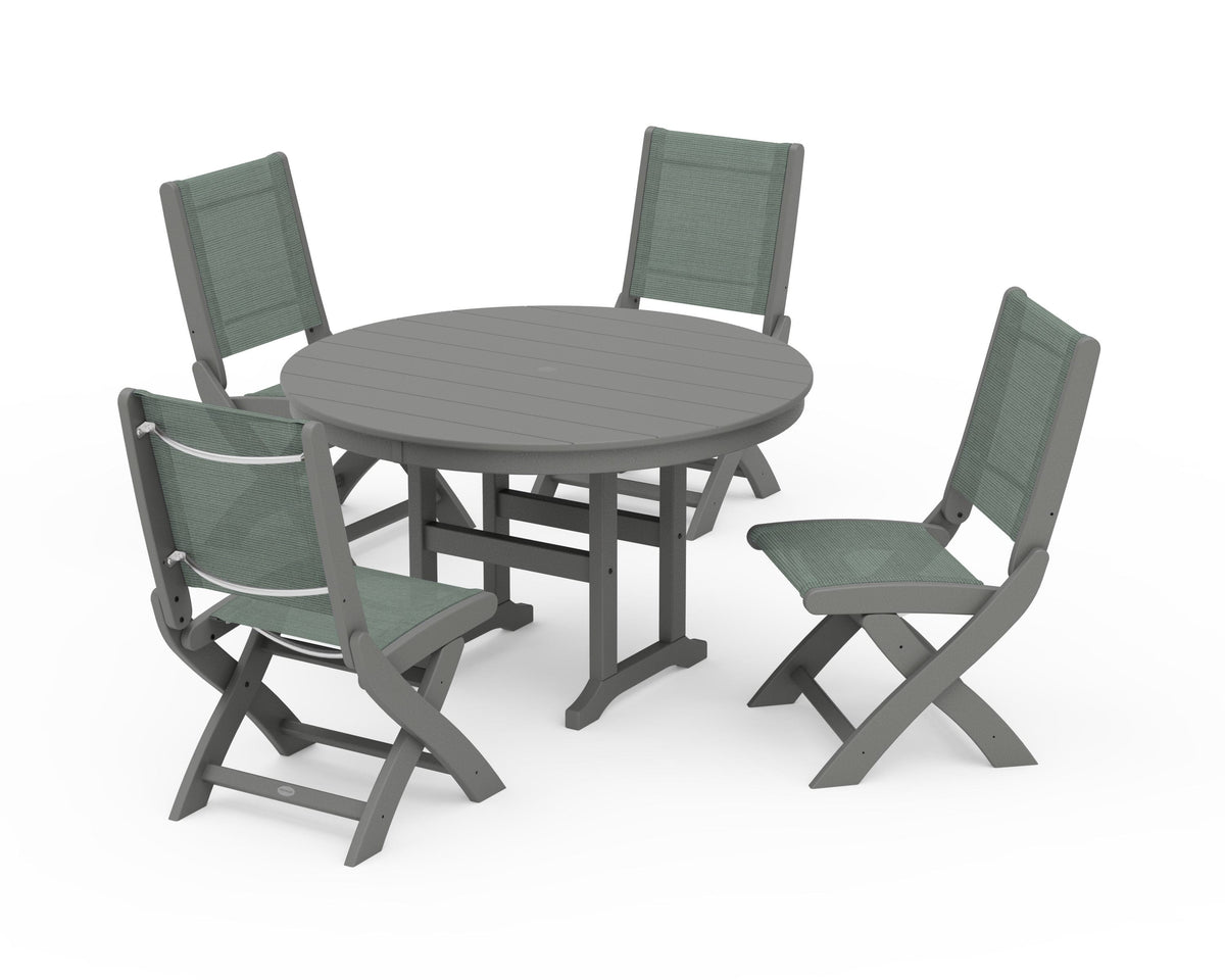 POLYWOOD Coastal Folding Side Chair 5-Piece Round Dining Set in Slate Grey / Dupioni Sea Mist