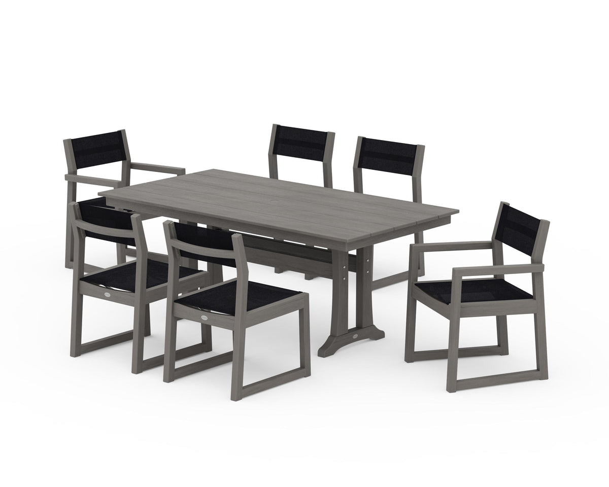 POLYWOOD EDGE Sling 7-Piece Farmhouse Trestle Dining Set in Driftwood / Black
