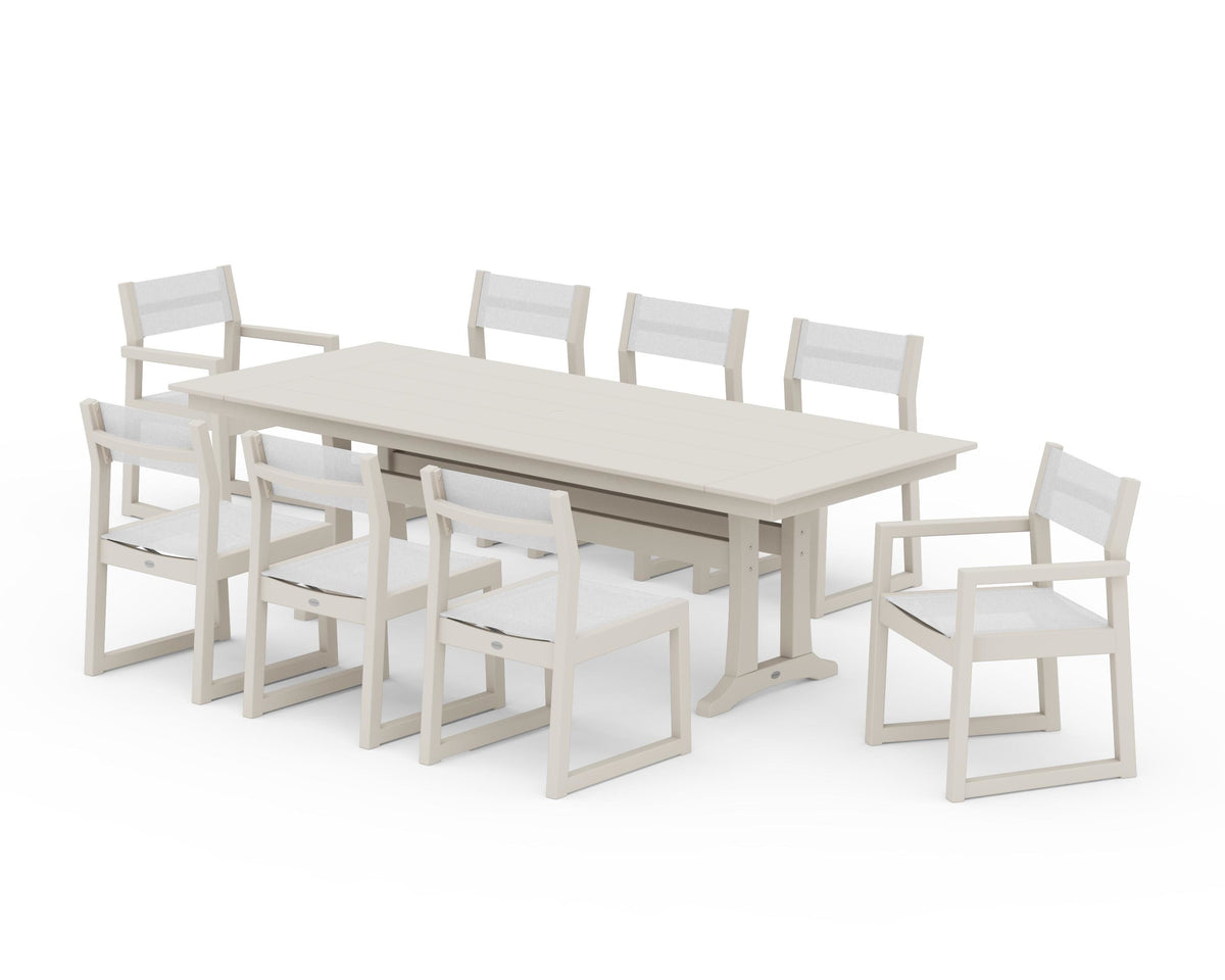POLYWOOD EDGE Sling 9-Piece Farmhouse Trestle Dining Set in Sand / White