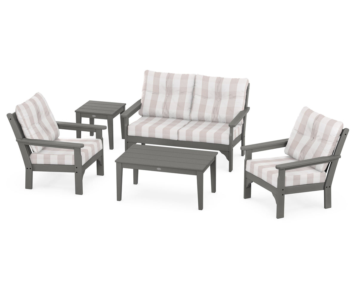 POLYWOOD Vineyard 5-Piece Deep Seating Set with Two Chairs and Loveseat in Slate Grey / Buffalo Plaid Dune Burlap