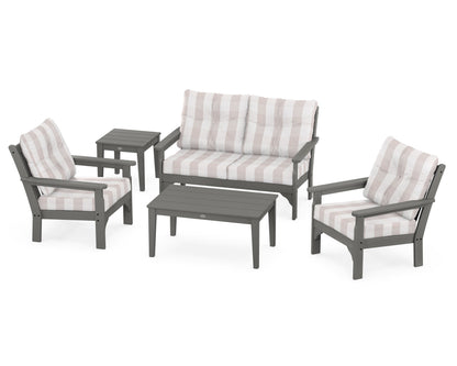 POLYWOOD Vineyard 5-Piece Deep Seating Set with Two Chairs and Loveseat in Slate Grey / Buffalo Plaid Dune Burlap
